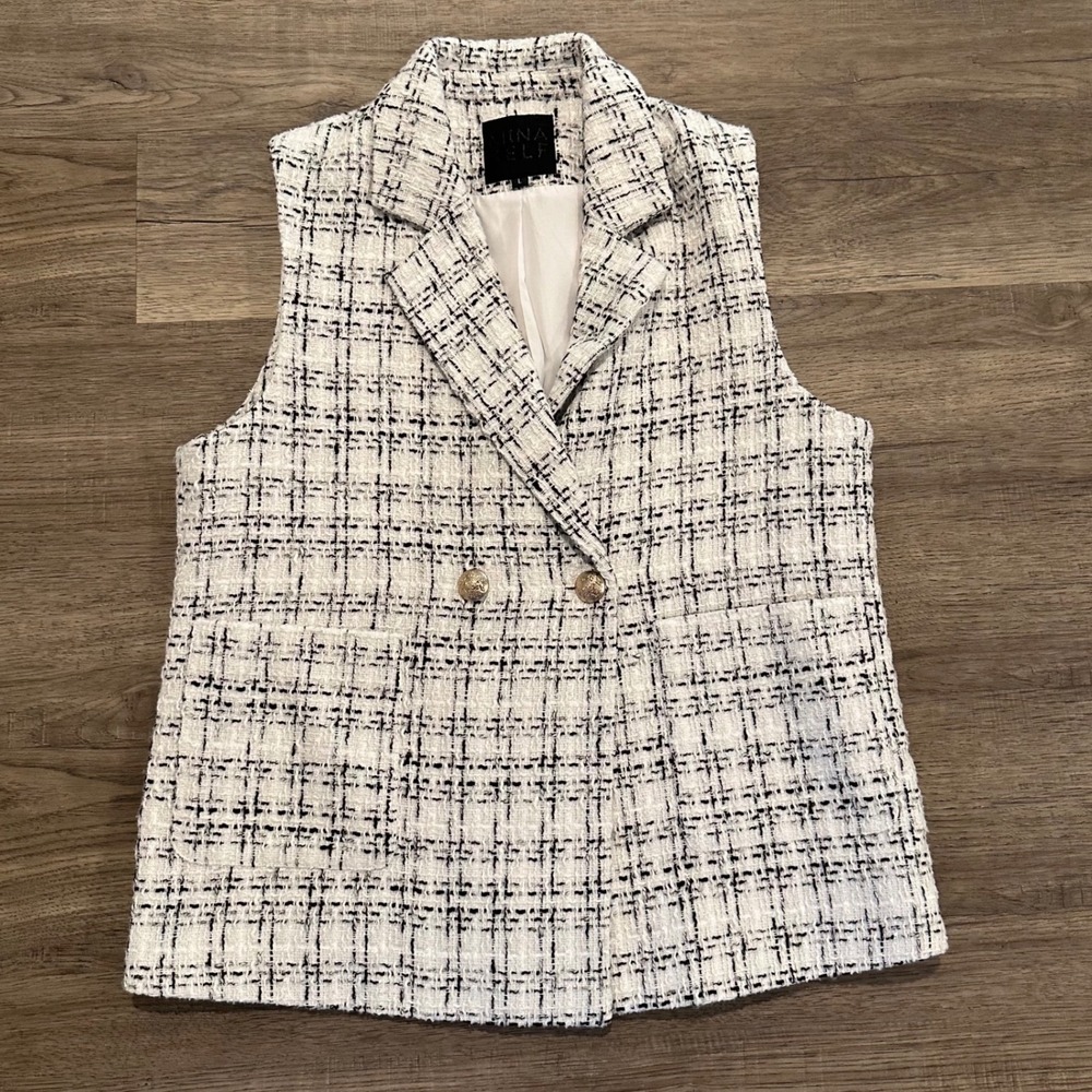 Mina Self Tweed Blazer Vest Womens Large White Black Plaid Double Breasted Gold